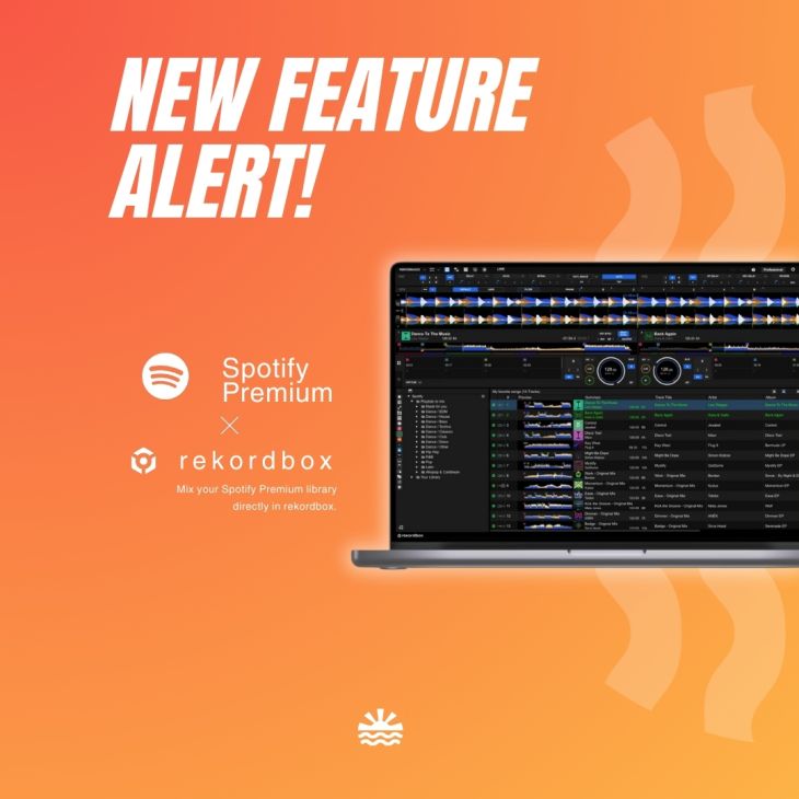 Promotional image announcing the new feature: Spotify Premium library integration in rekordbox, DJ software displayed on a laptop with an orange background.